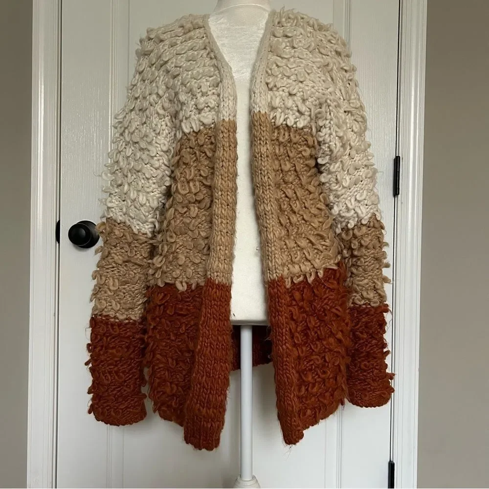Oversized Slouchy Women’s Color Block Chunky Open Front Cardigan Sweater Medium